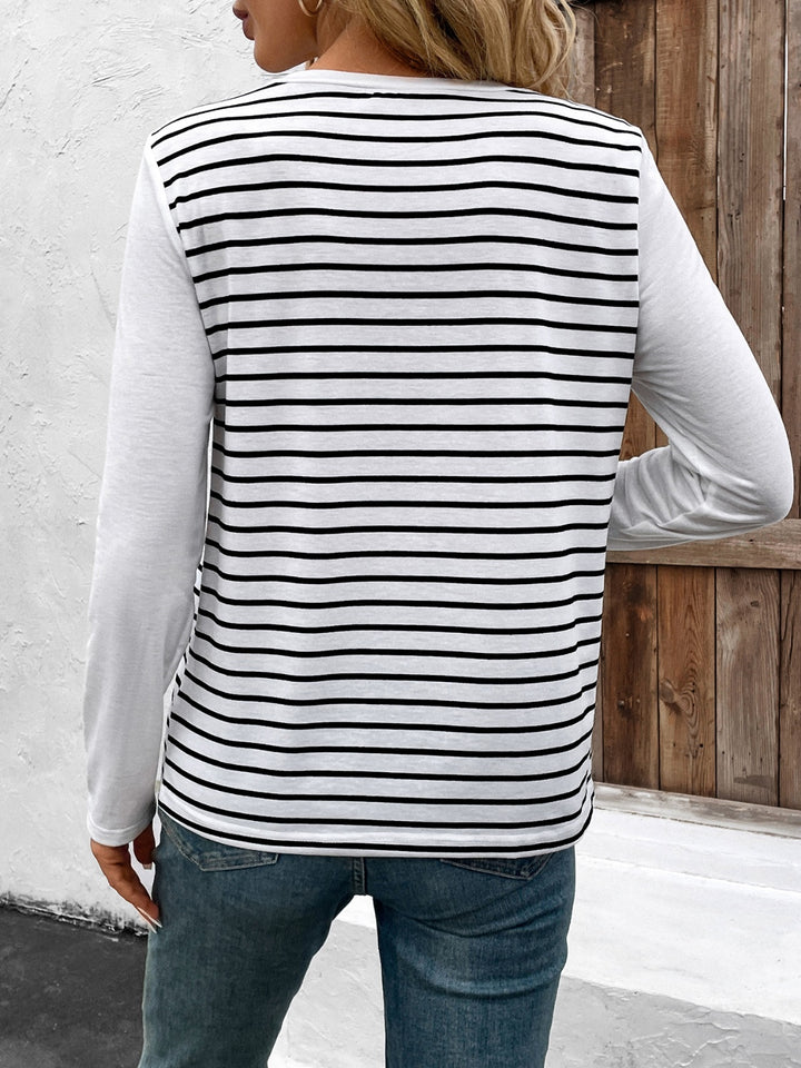 Decorative Button Striped Round Neck Long Sleeve T-Shirt