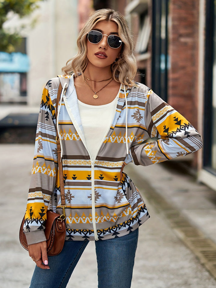 Geometric Zip Up Long Sleeve Hooded Jacket