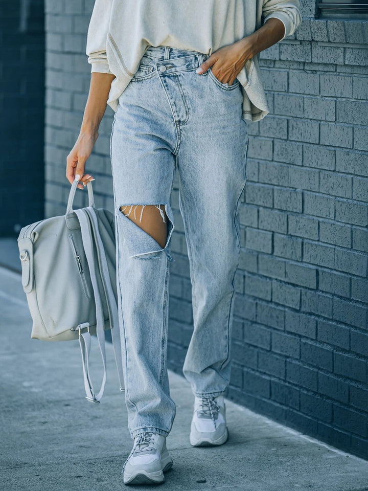 Distressed Asymmetric Waist Jeans