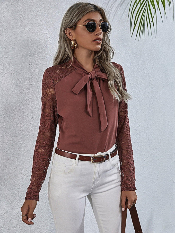 Tie Neck Spliced Lace Long Sleeve Top - BELLATRENDZ