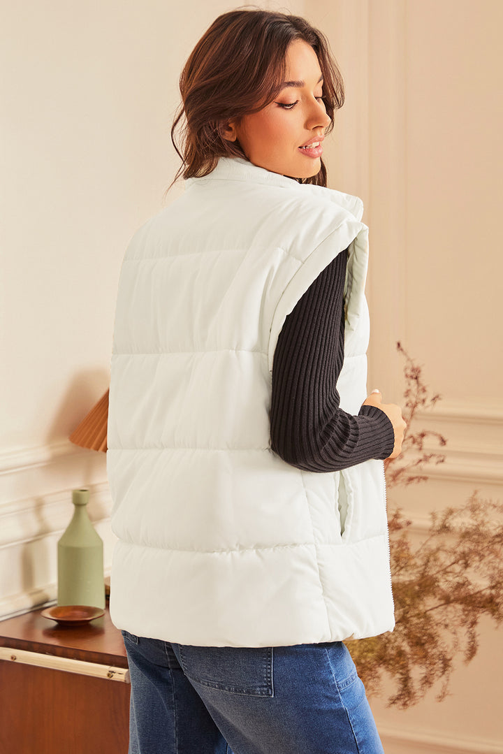 Beige Zipper Stand Neck Oversized Puffer Vest