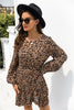 Animal Print Round Neck Balloon Sleeve Mini Dress