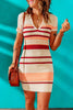 Apricot Striped Ribbed Knit V Neck Bodycon Mini Dress