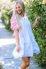 Sky Blue Stripe Contrast Floral Puff Sleeve Tiered Ruffle Dress