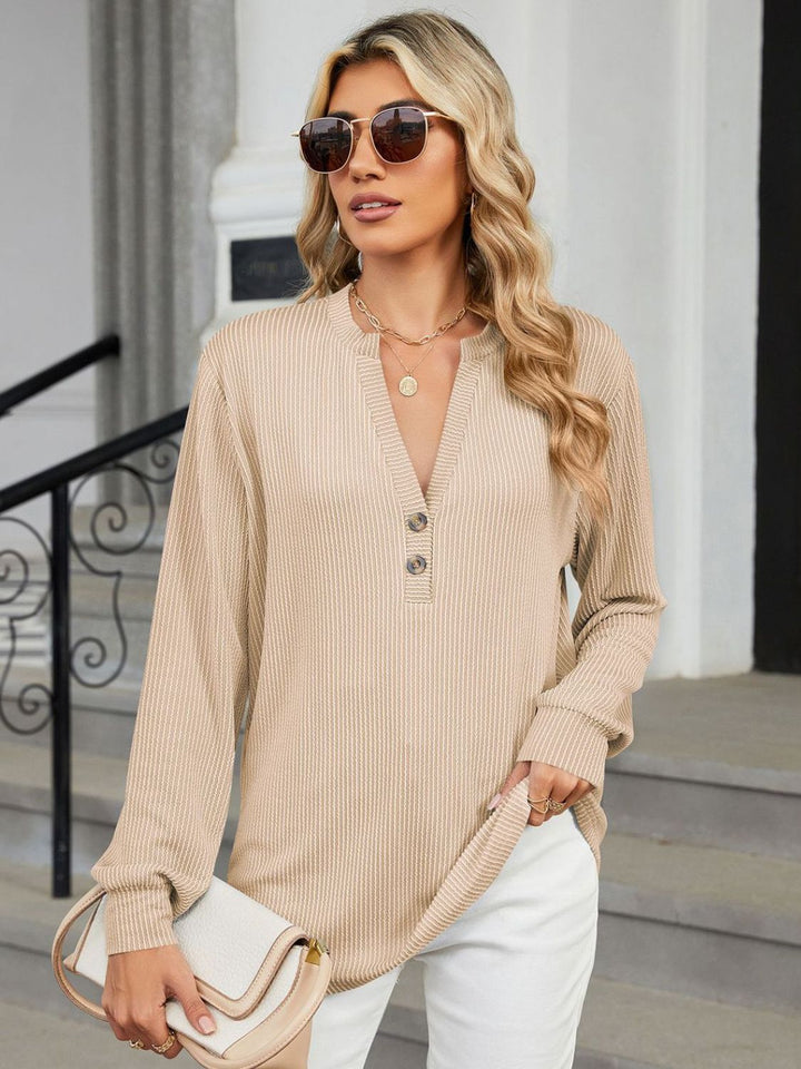 Striped Notched Long Sleeve T-Shirt