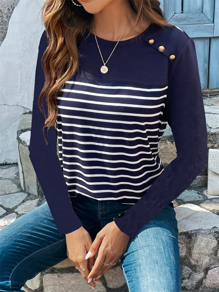 Decorative Button Striped Round Neck Long Sleeve T-Shirt