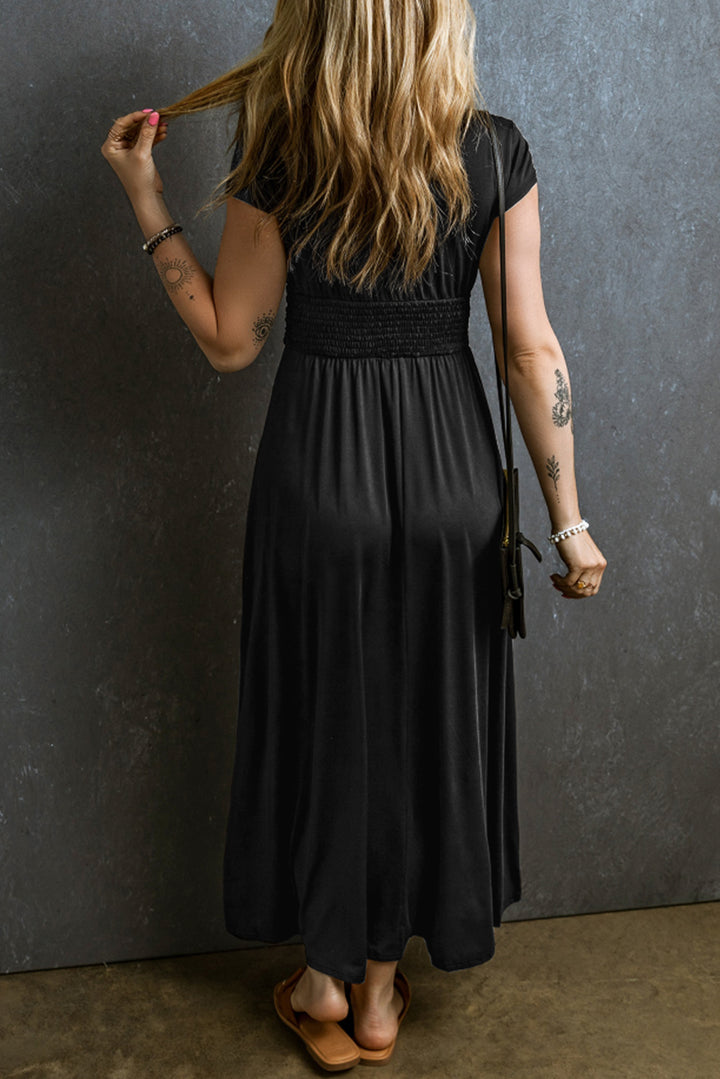 Black Short Sleeve Shirred High Waist V Neck Maxi Dress