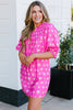 Bright Pink Printed Shirred Yoke Half Puff Sleeve Dress