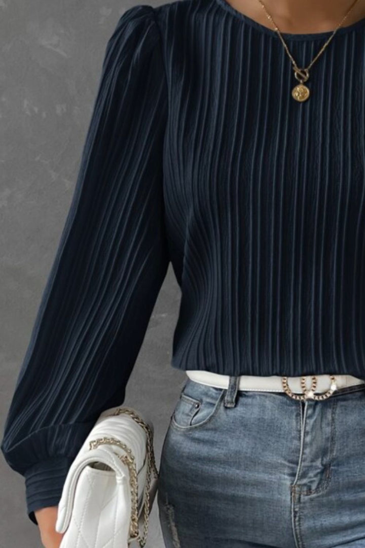 Textured Round Neck Long Sleeve Blouse