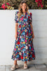 Green Retro Floral Printed Split Neck Maxi Dress