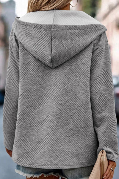 Textured Half Button Dropped Shoulder Hoodie