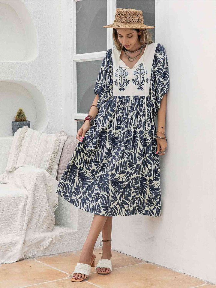 Printed Tie Neck Midi Dress