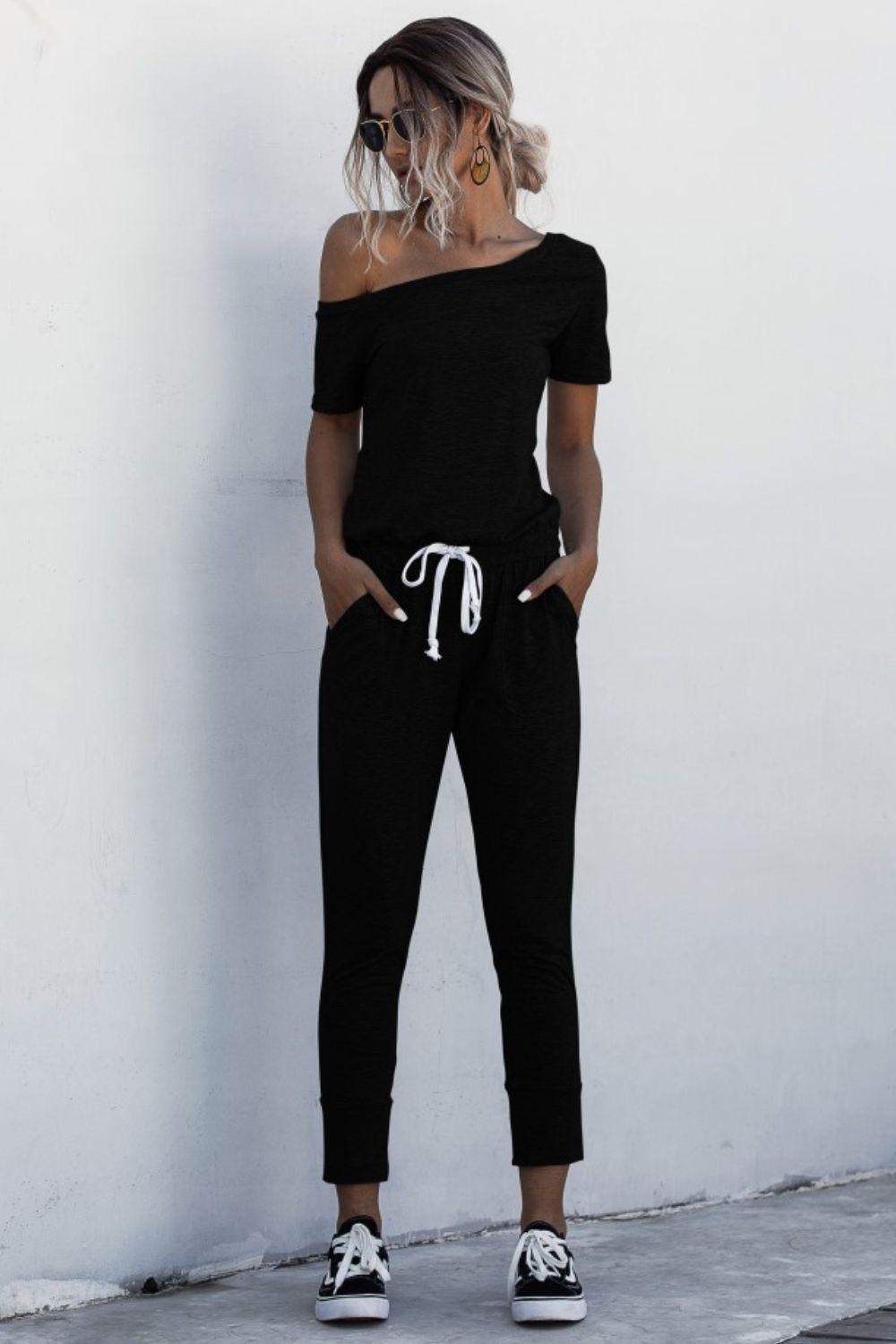 Asymmetrical Neck Tied Jumpsuit with Pockets - BELLATRENDZ