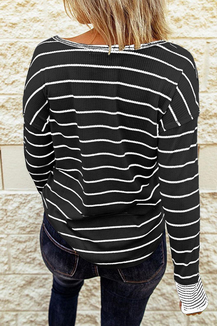 Striped Waffle Knit Henley Long Sleeve Top - BELLATRENDZ