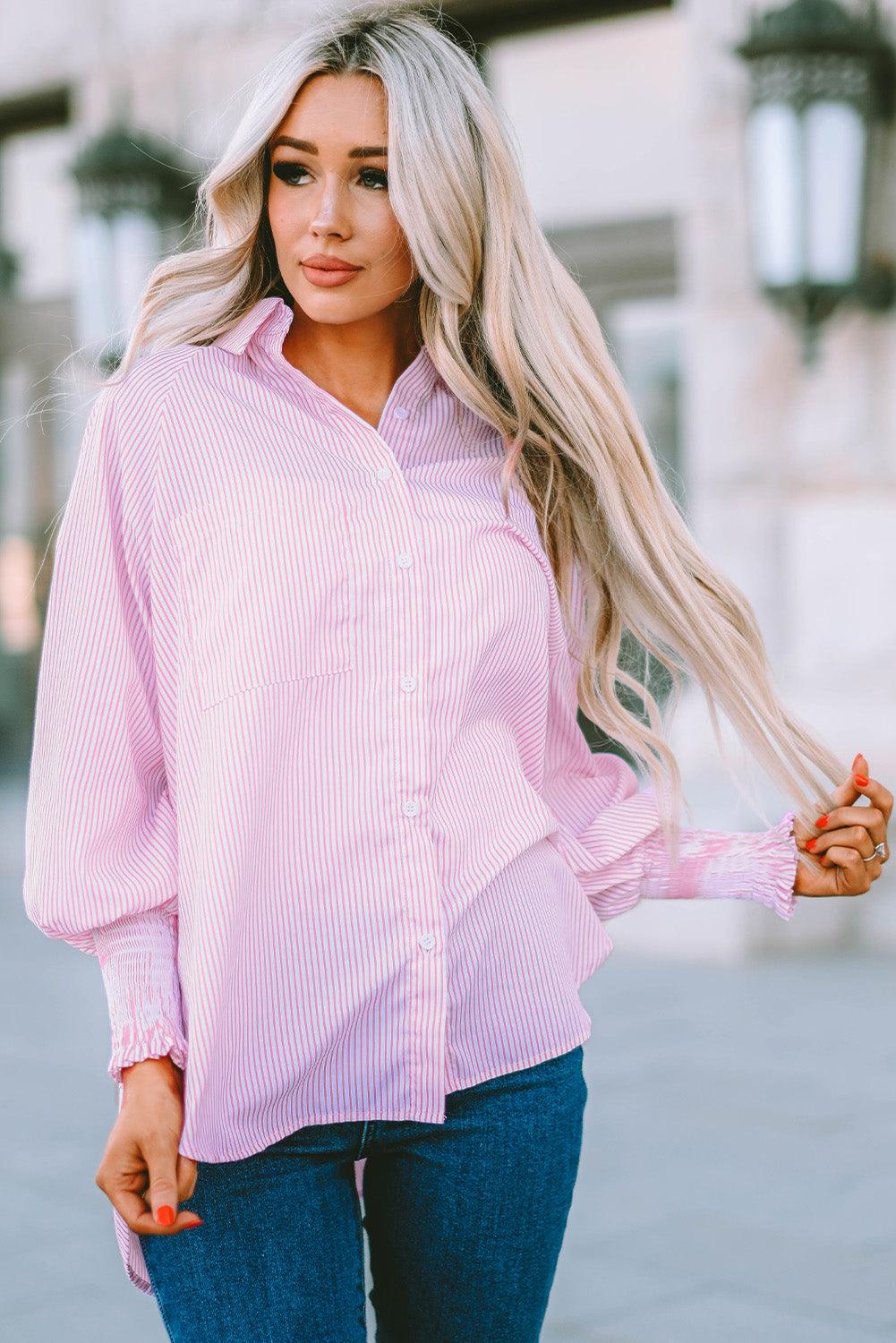 Striped Lantern Sleeve Collared Shirt - BELLATRENDZ