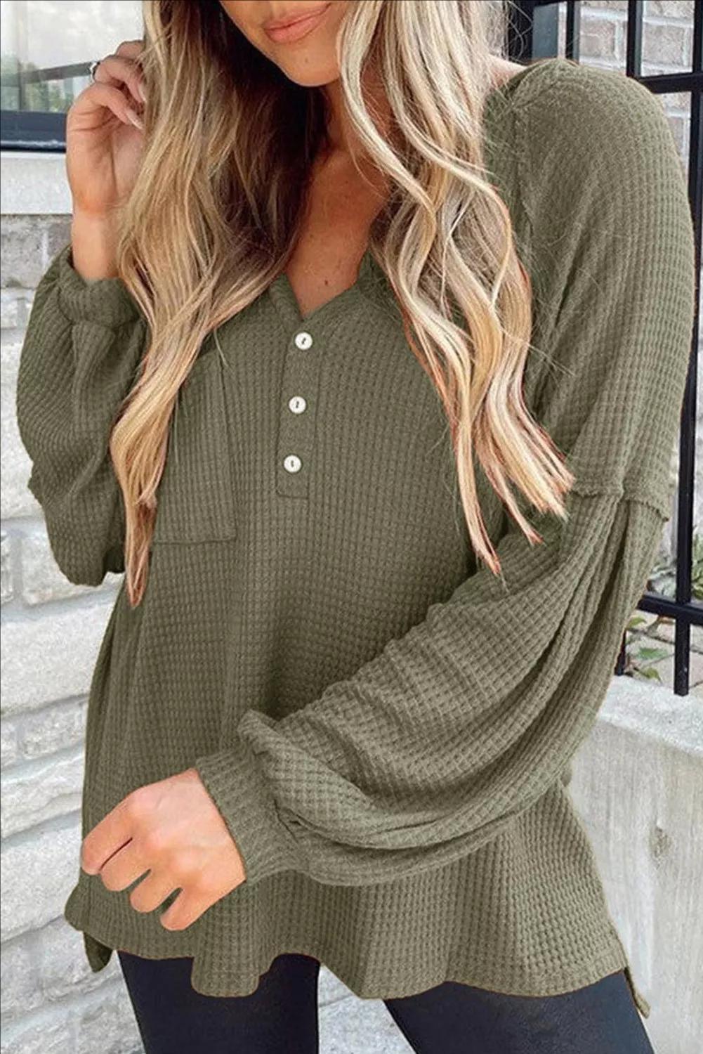 Puff Sleeve Side Slit Buttoned Waffle Knit Hoodie - BELLATRENDZ