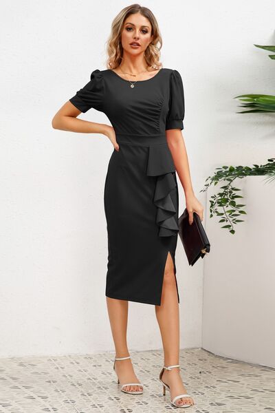 Slit Ruffled Puff Sleeve Midi Dress