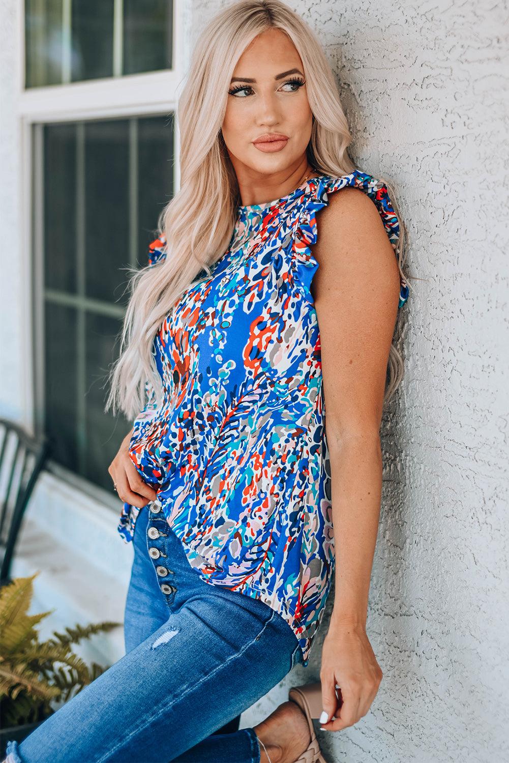 Abstract Print Ruffle Shoulder Top - BELLATRENDZ