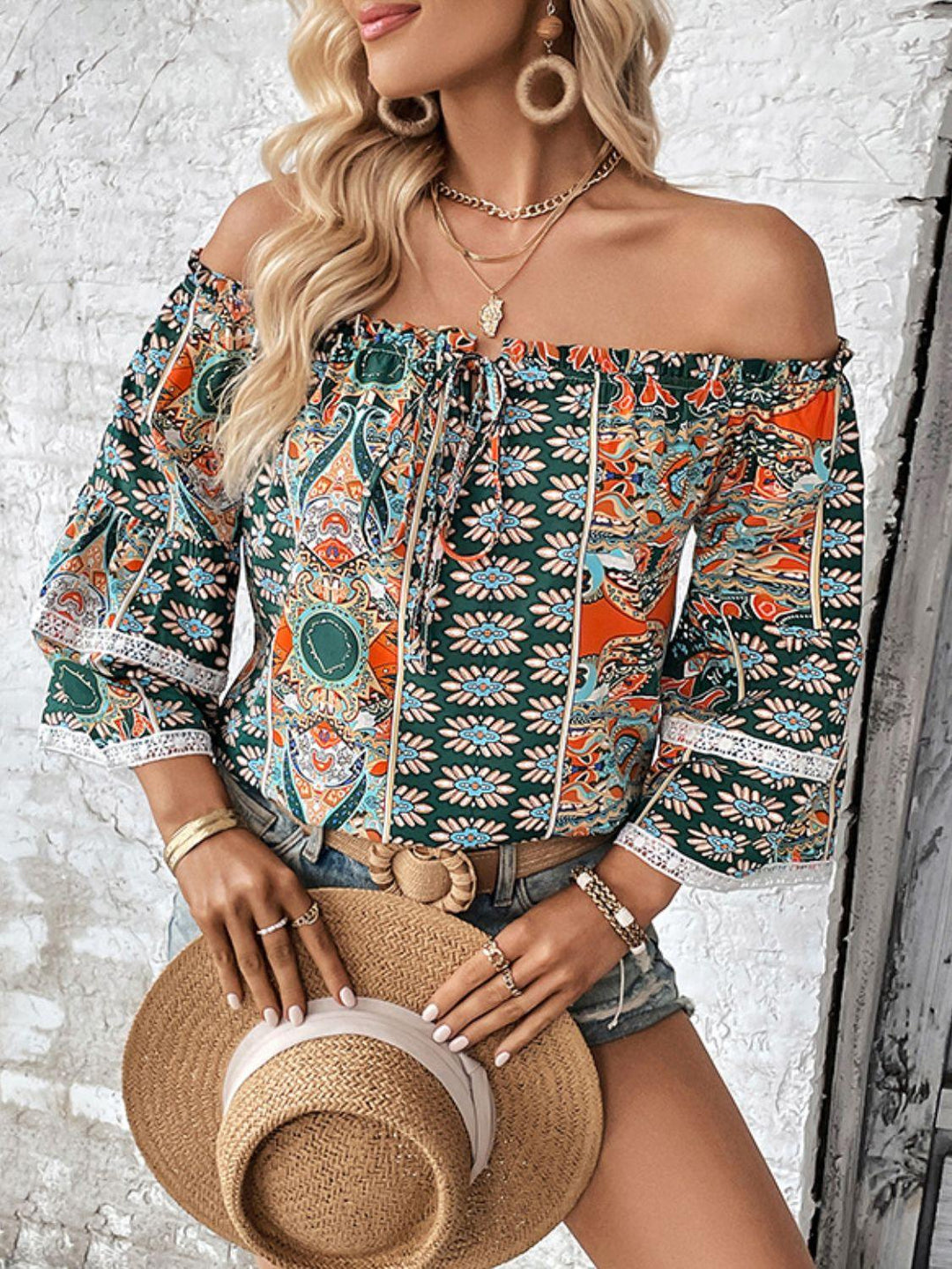 Printed Frill Trim Off-Shoulder Blouse - BELLATRENDZ