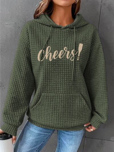 Full Size CHEERS Waffle-Knit Drawstring Hoodie