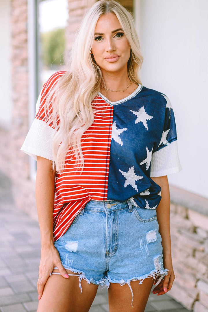 Star and Stripe V-Neck Top - BELLATRENDZ