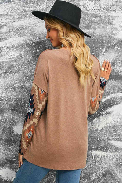 Brown Western Print Buttoned V Neck Top