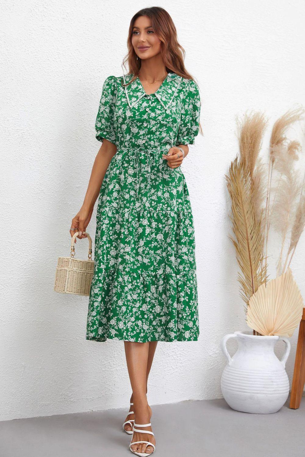 Floral Tie Waist Puff Sleeve Midi Dress - BELLATRENDZ