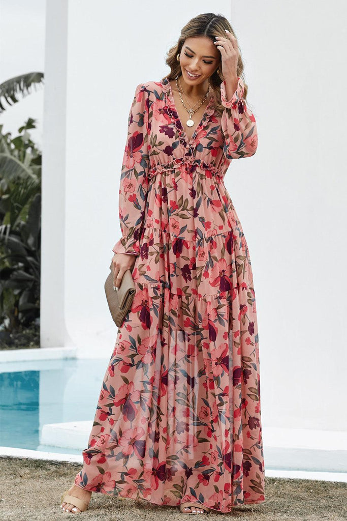 Floral Frill Trim Flounce Sleeve Plunge Maxi Dress - BELLATRENDZ