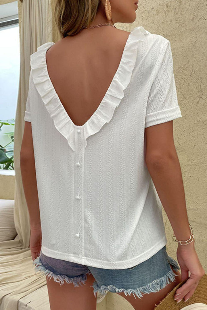 Round Neck Ruffled Short Sleeve Blouse - BELLATRENDZ