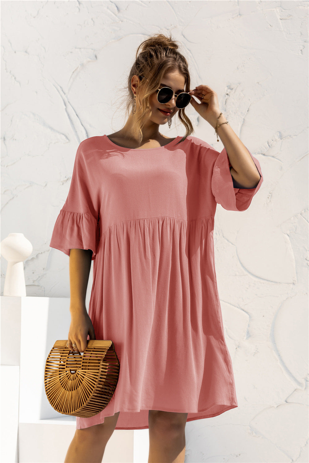 Boat Neck Flounce Sleeve Knee-Length Dress