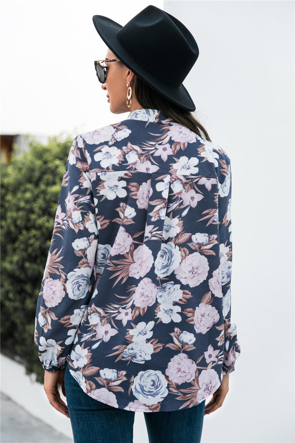 Floral Print Mock Neck Button Front Shirt - BELLATRENDZ