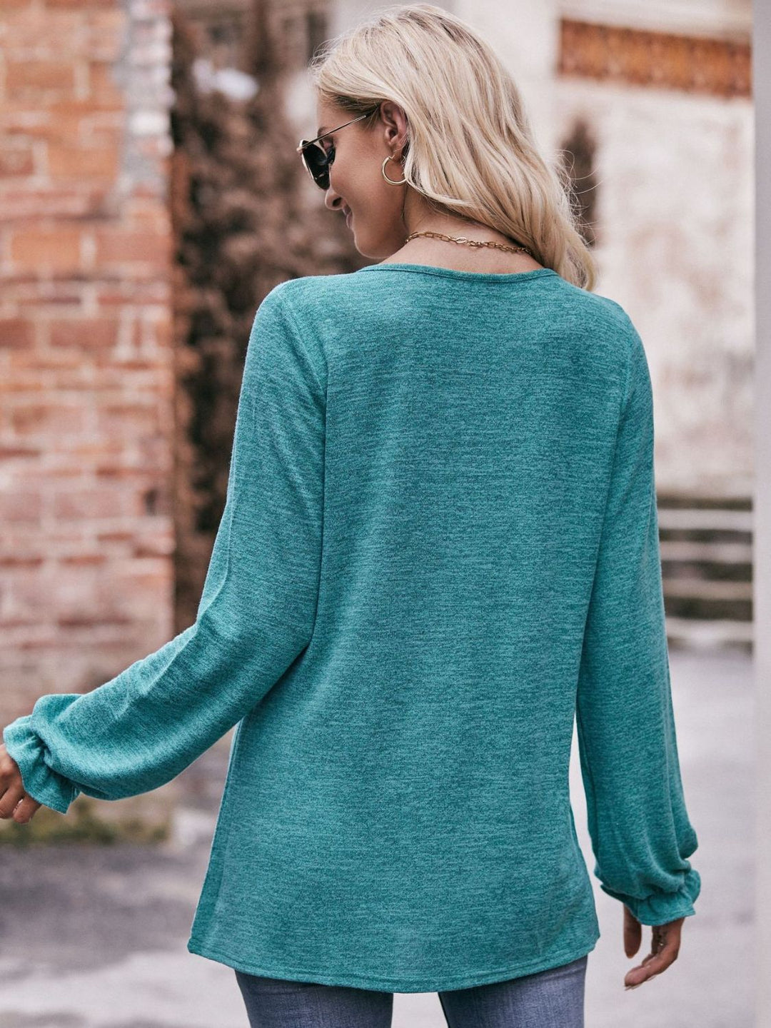 Long Flounce Sleeve Round Neck Blouse