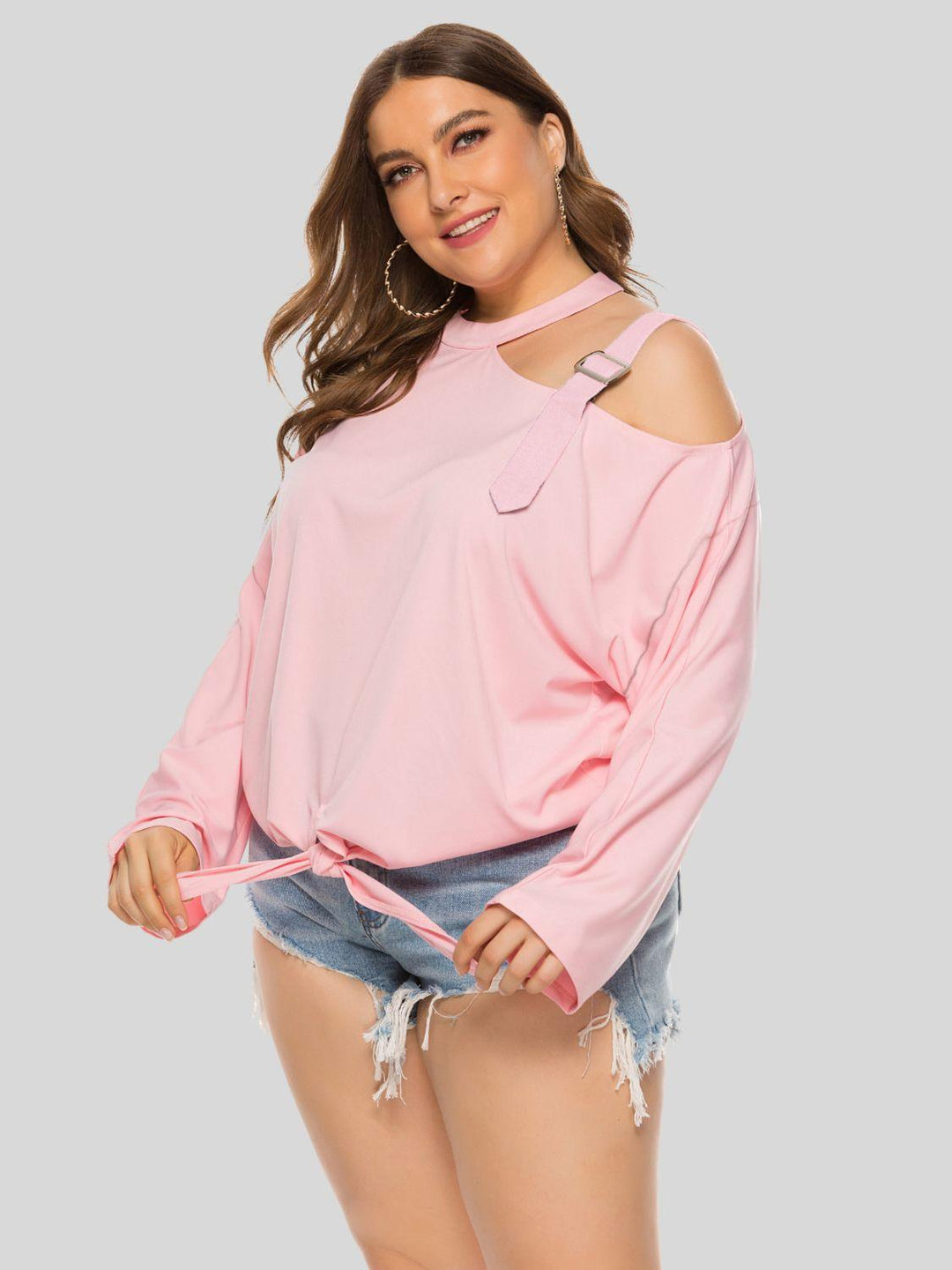 Plus Size Cold-Shoulder Tied Top - BELLATRENDZ