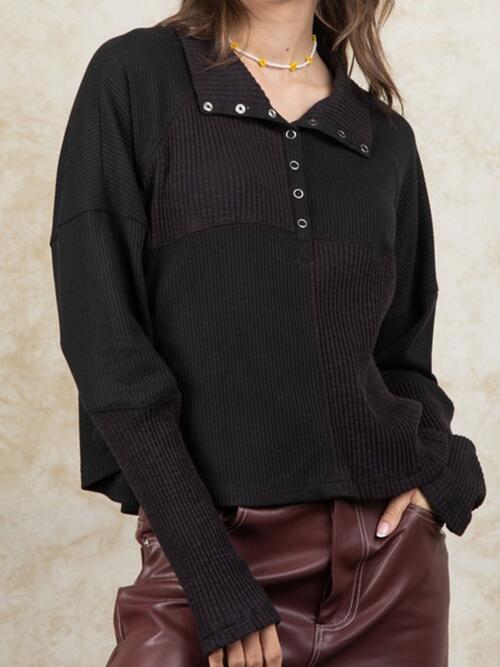 Ribbed Knit Henry Collar Loose Fitting Long Sleeve Top