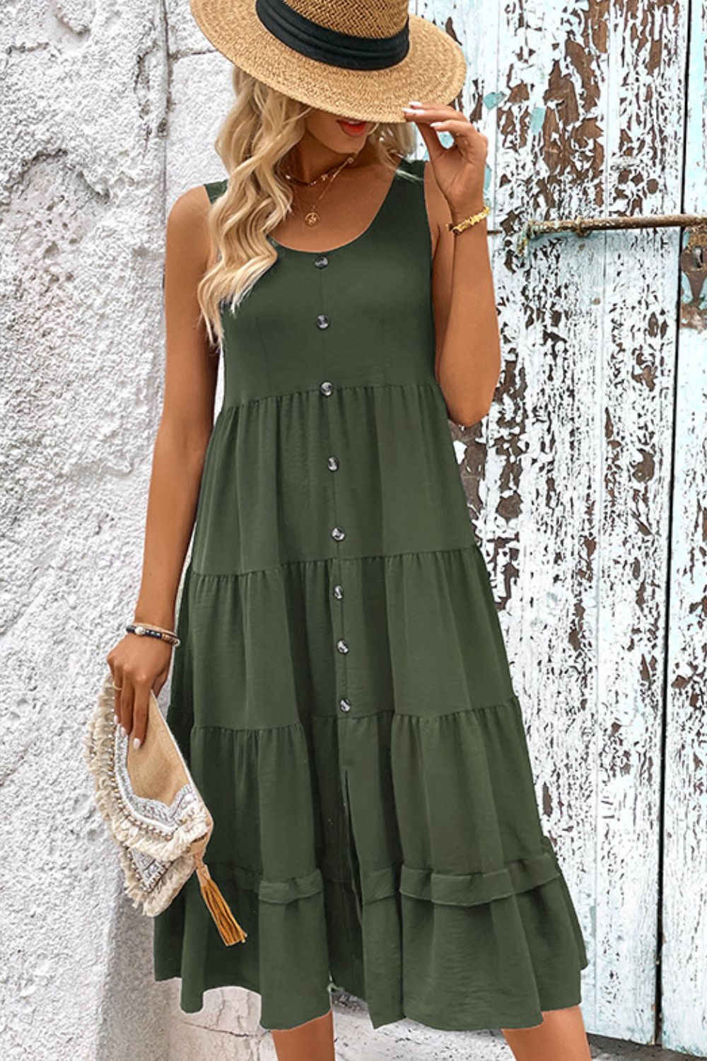 Decorative Button Scoop Neck Tiered Sleeveless Dress