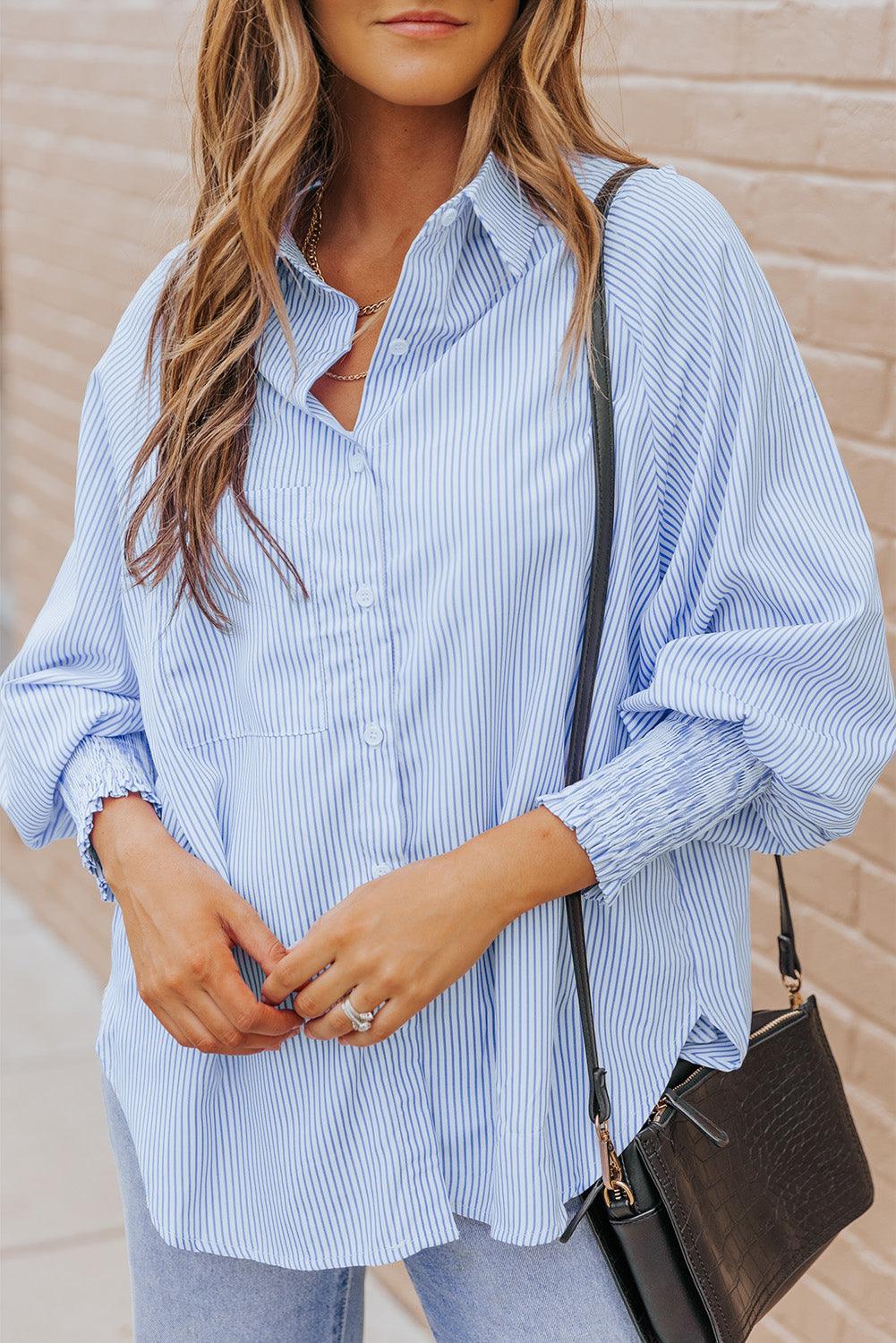 Striped Lantern Sleeve Collared Shirt - BELLATRENDZ