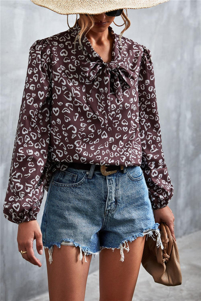 Printed Tie Neck Puff Sleeve Blouse - BELLATRENDZ