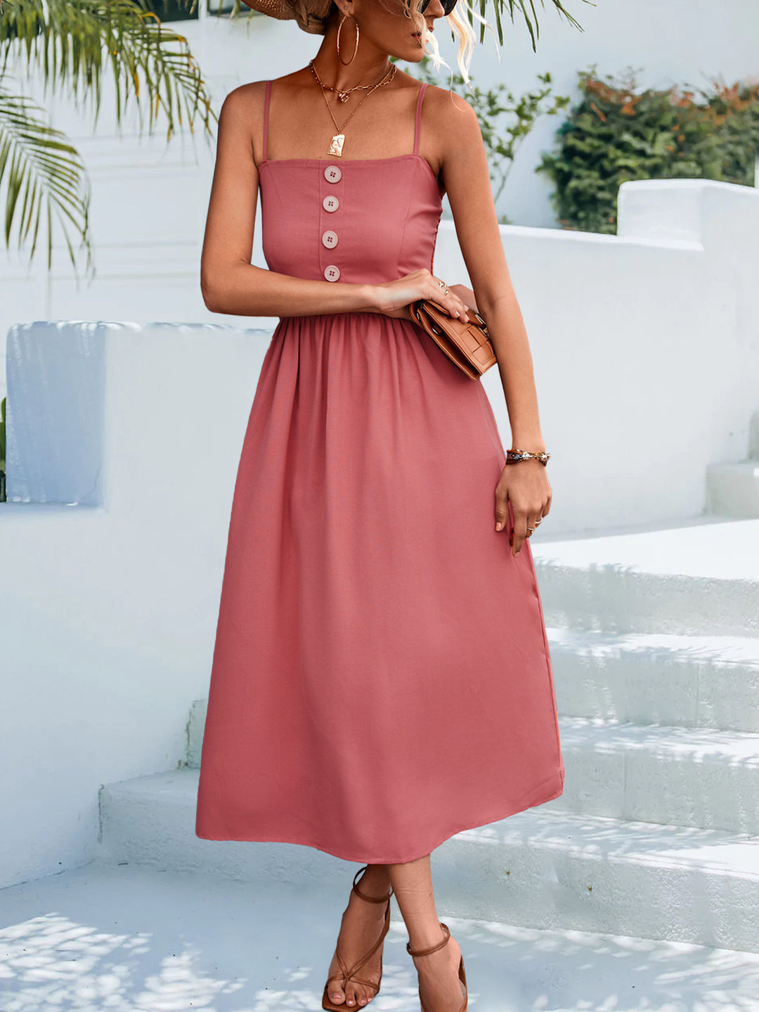 Decorative Button Spaghetti Strap Midi Dress