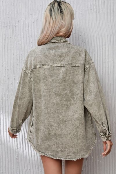 Button Up Pocketed Raw Hem Denim Jacket