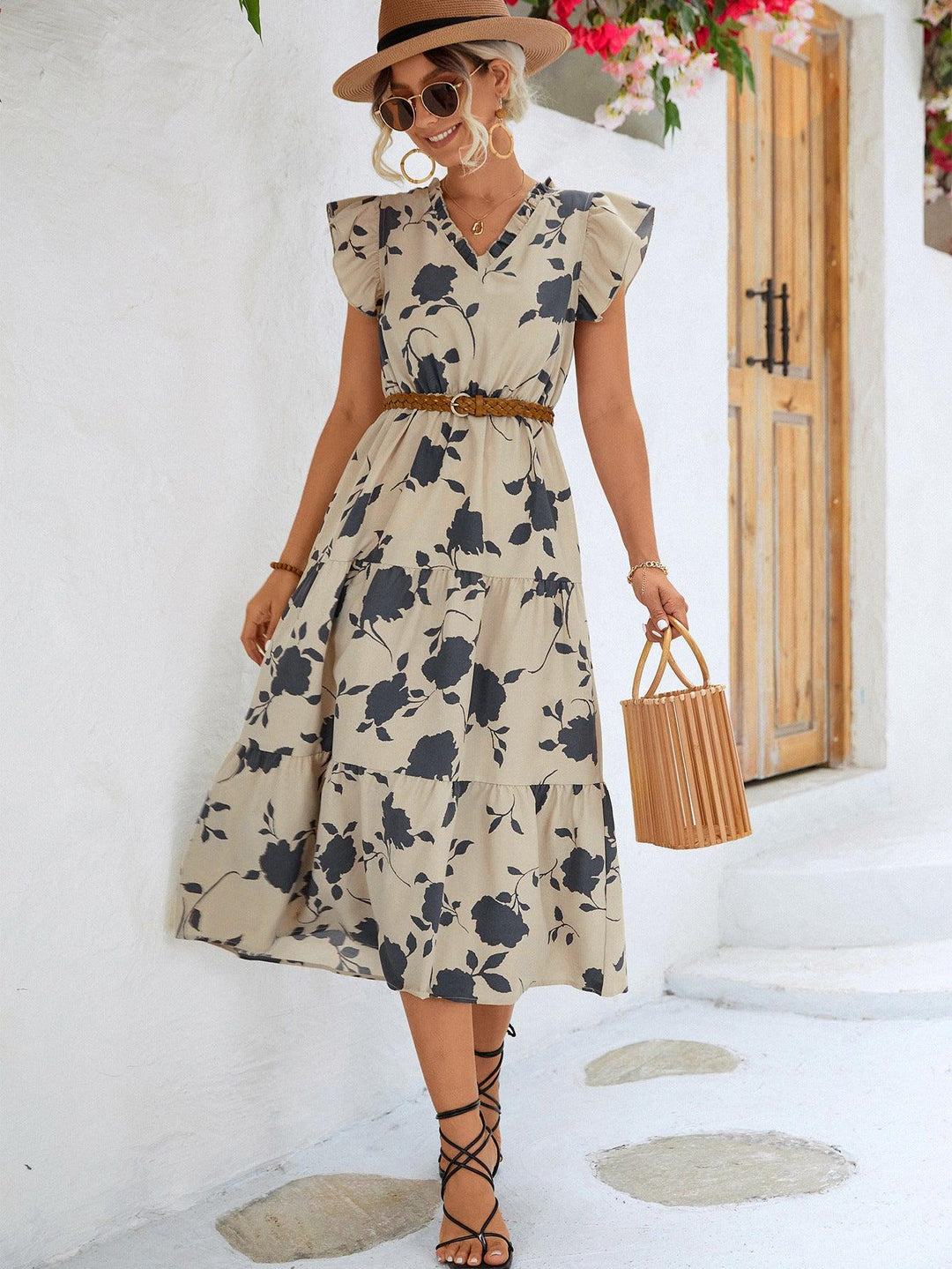 Floral Frill Trim V-Neck Tiered Midi Dress - BELLATRENDZ