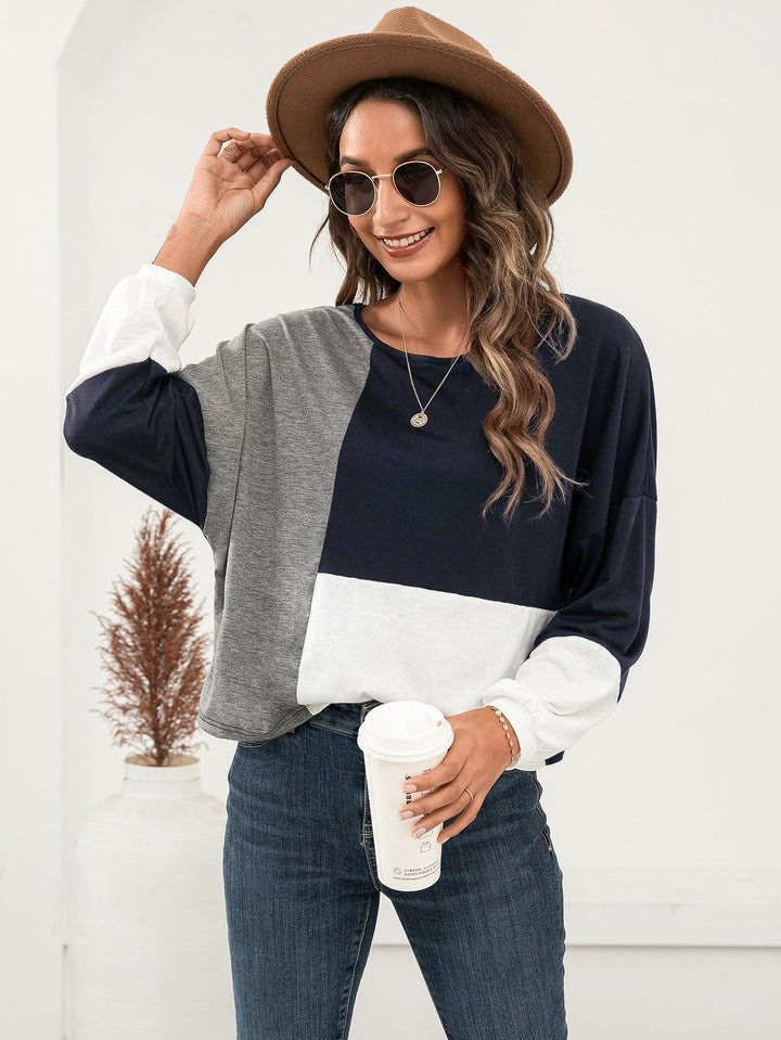 Three-Tone Color Block Dropped Shoulder Long Sleeve Tee - BELLATRENDZ