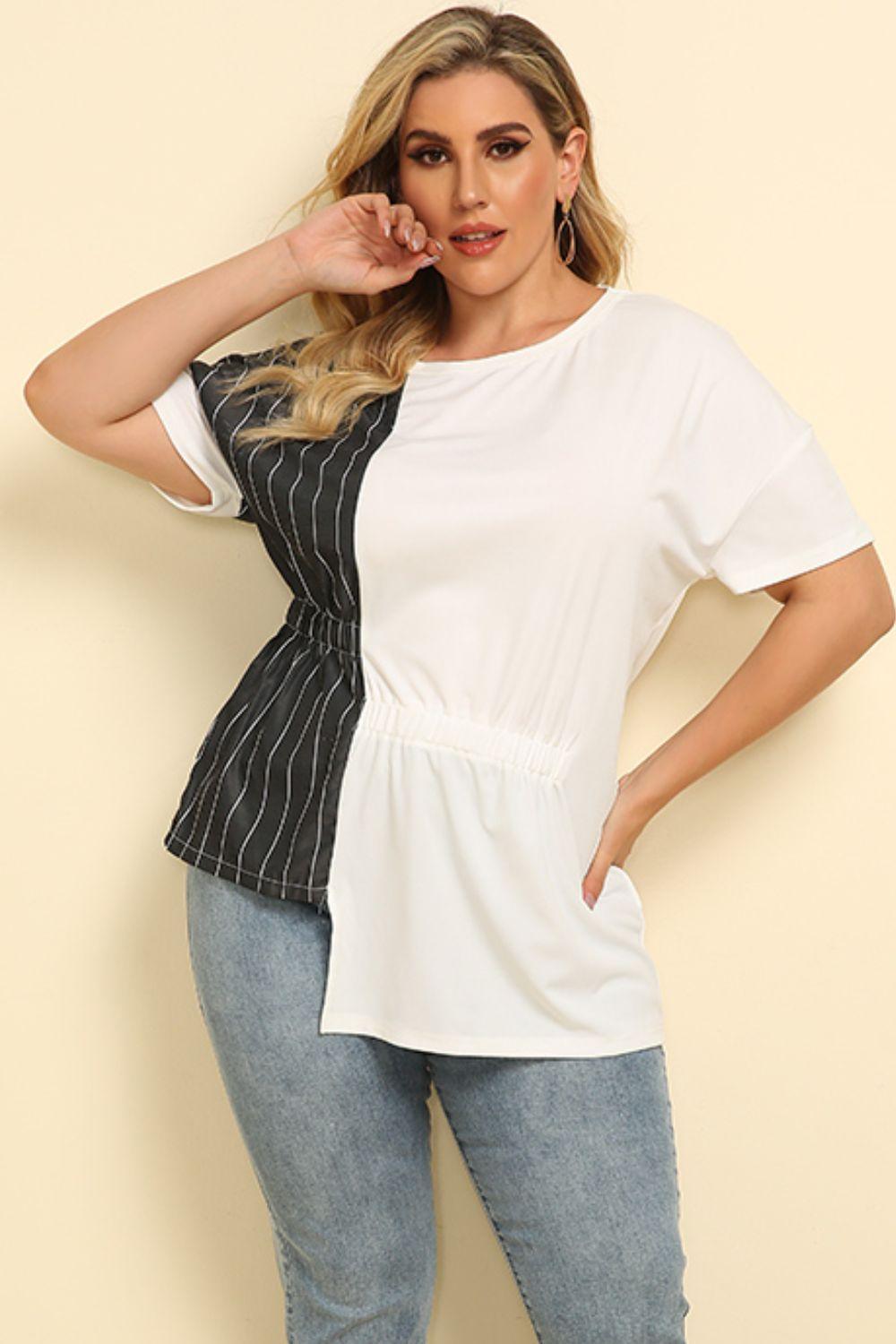 Plus Size Striped Color Block Asymmetrical T-Shirt - BELLATRENDZ