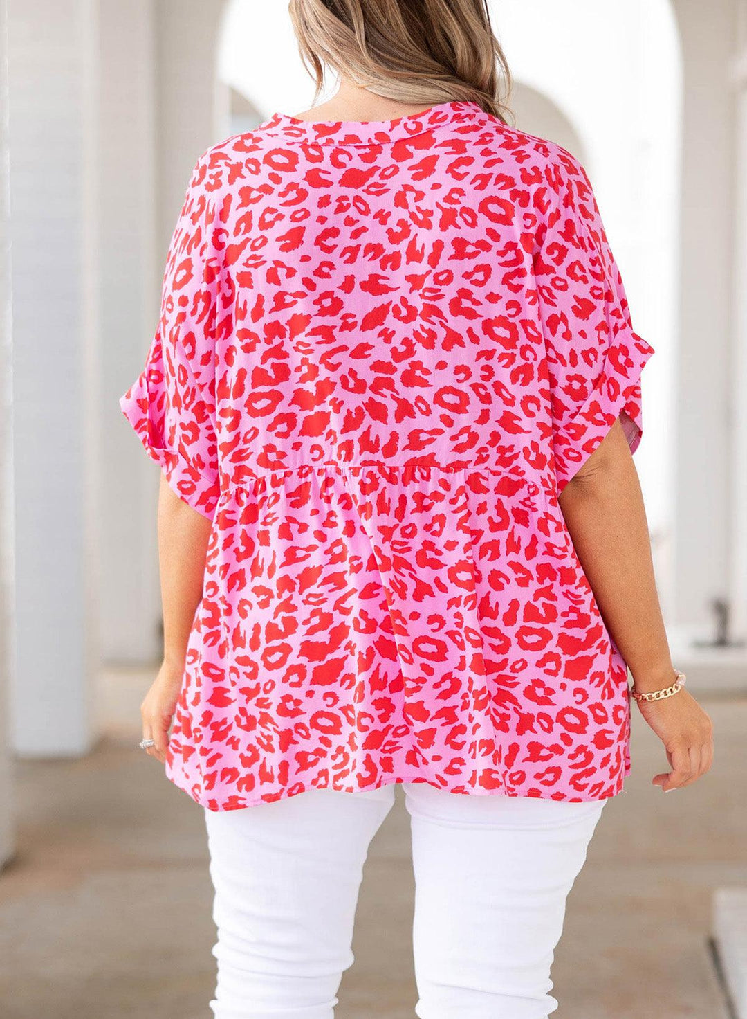 Plus Size Printed Notched Neck Half Sleeve Top - BELLATRENDZ