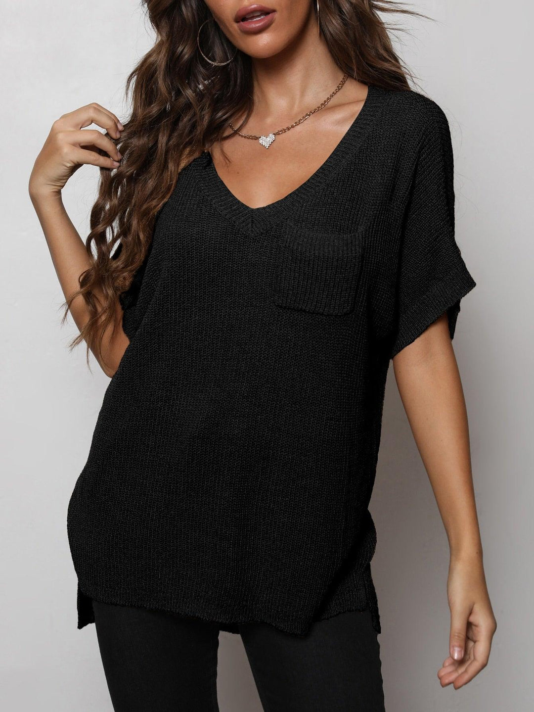 V-Neck Slit High-Low Knit Top - BELLATRENDZ