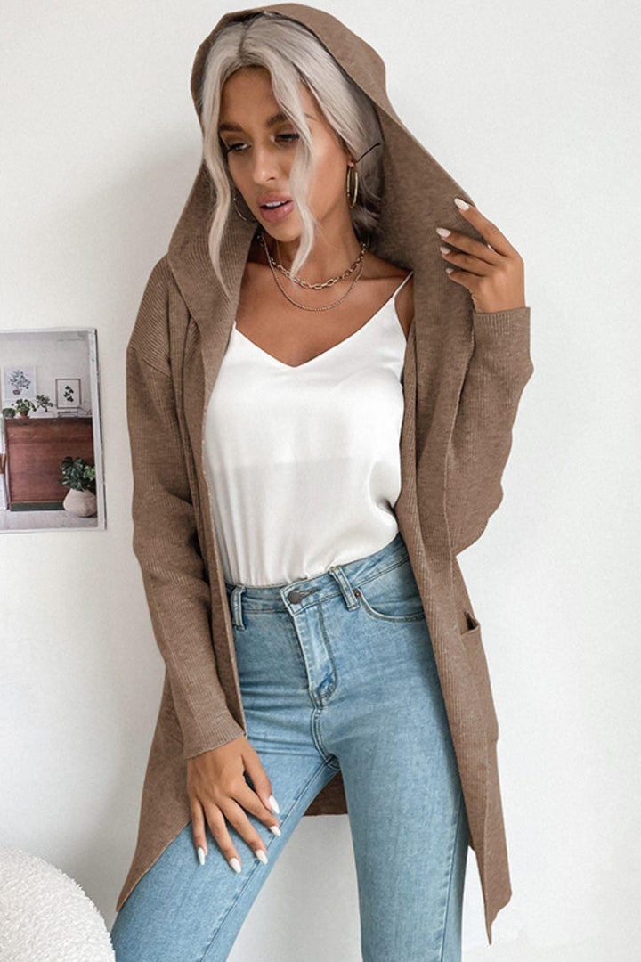 Ribbed Open Front Hooded Cardigan with Pockets - BELLATRENDZ