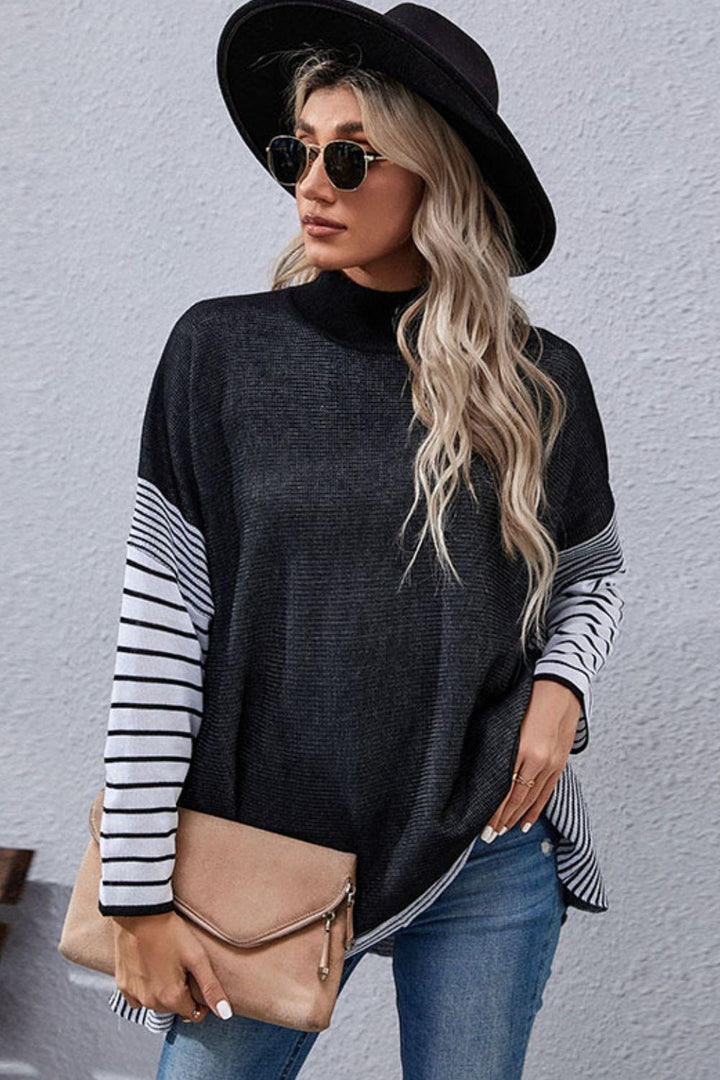 Striped Dolman Sleeve Mock Neck Knit Pullover - BELLATRENDZ