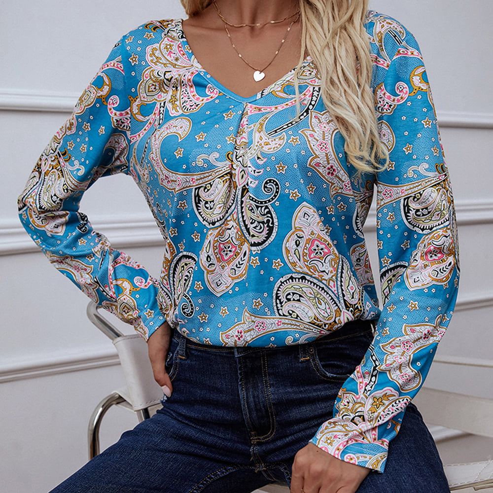 Printed V-Neck Long Sleeve Blouse