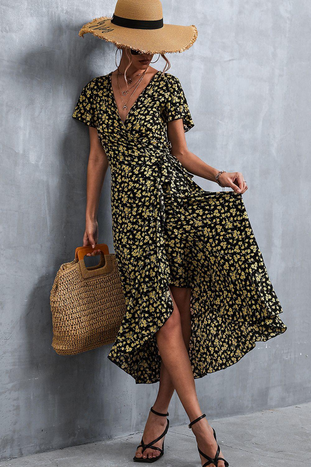 Floral Surplice Neck Tied Midi Dress - BELLATRENDZ