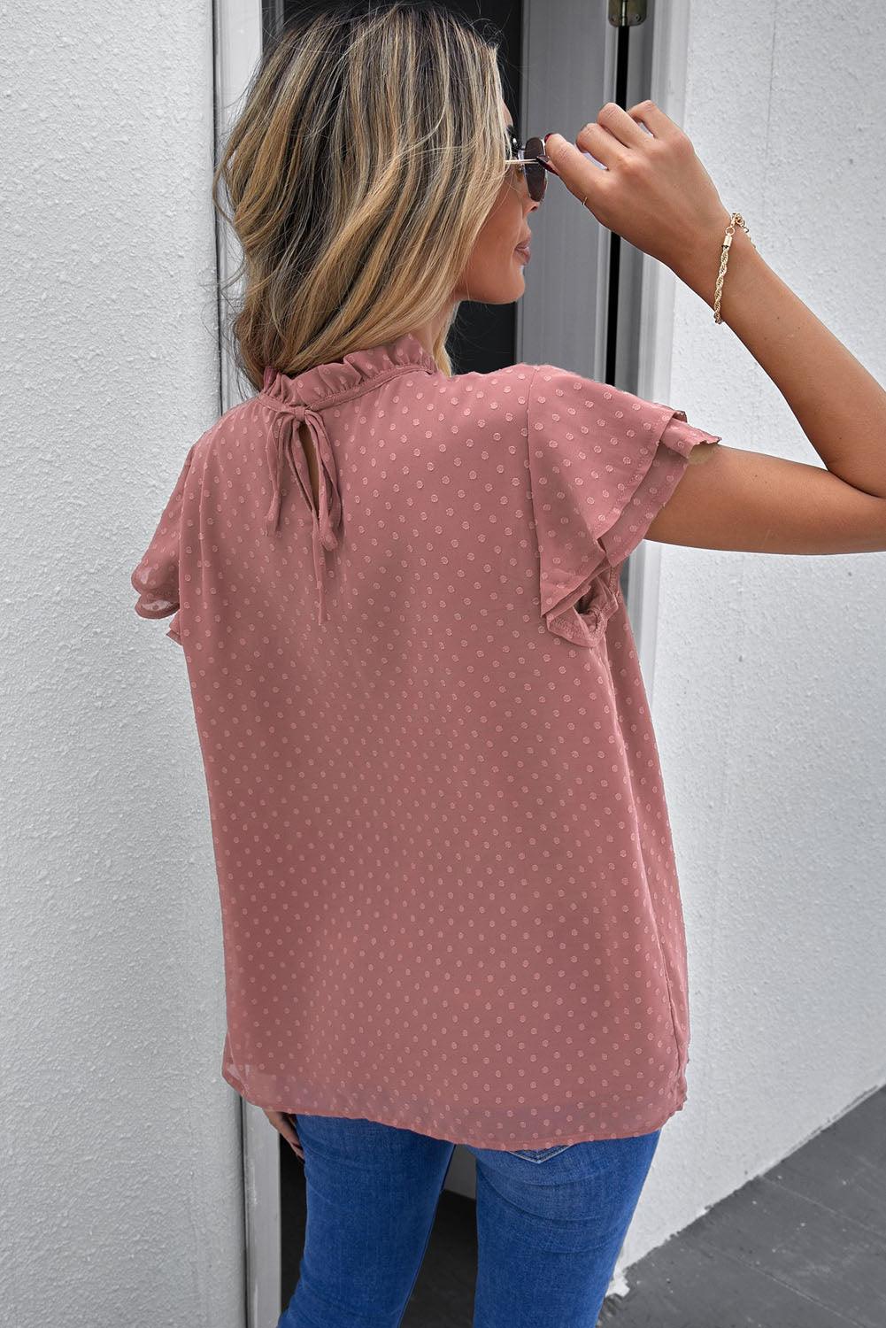 Polka Dot Smocked Flutter Sleeve Blouse - BELLATRENDZ