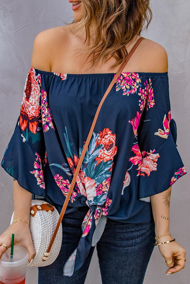 Printed Off-Shoulder Flounce Sleeve Top - BELLATRENDZ